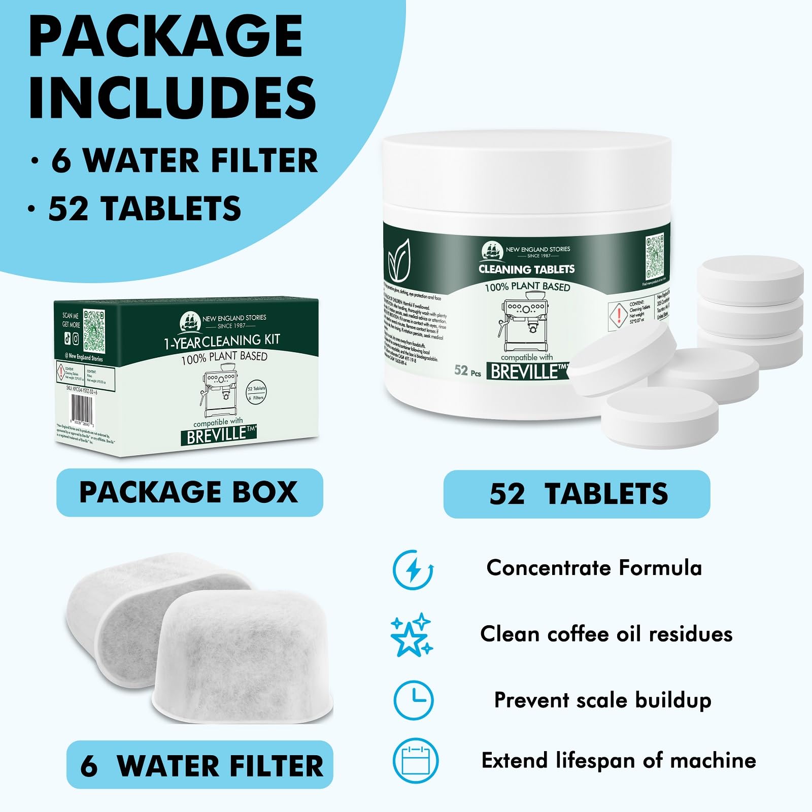 New England Stories 52 cleaning tablets for rapid coffee residue removal