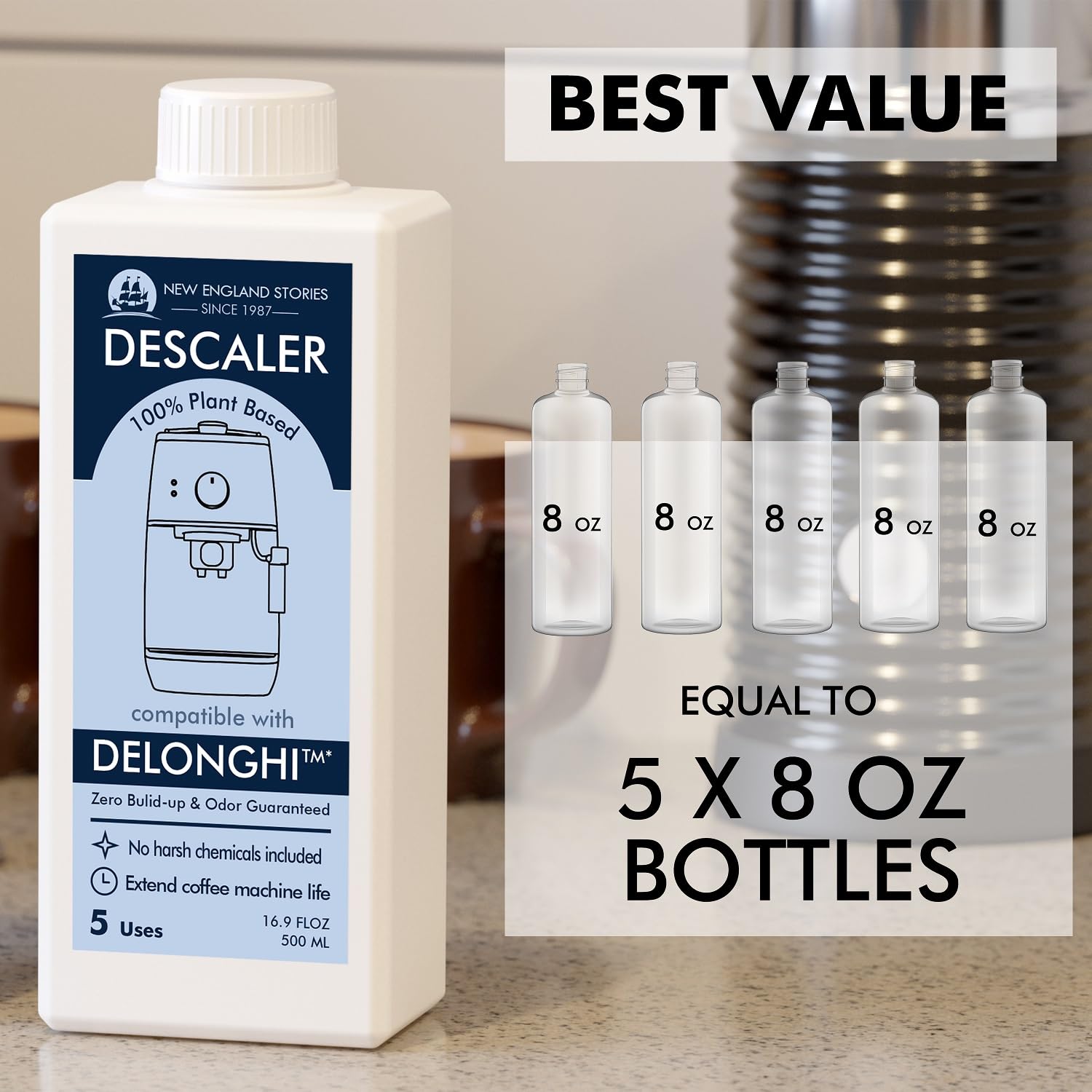 New England Stories Delonghi descaler label close-up highlights natural lactic acid
