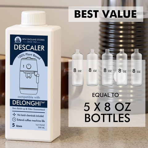 New England Stories Delonghi descaler label close-up highlights natural lactic acid