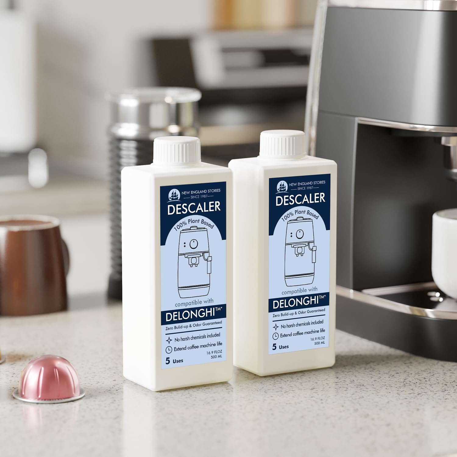 New England Stories Delonghi descaler bottle with clear usage benefits