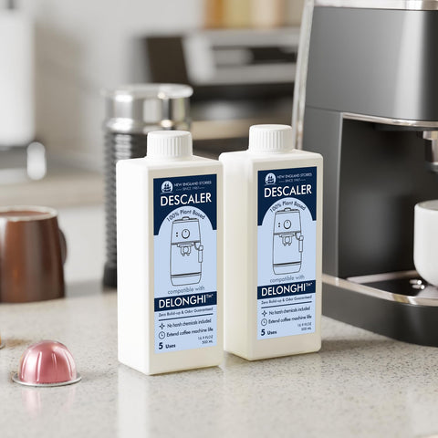 New England Stories Delonghi descaler bottle with clear usage benefits