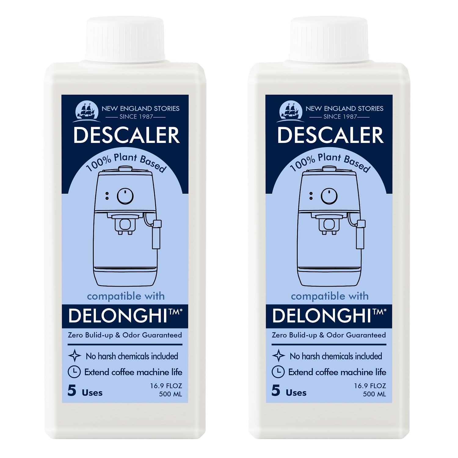 New England Stories Delonghi descaler packaging promotes safe, all-natural cleaning