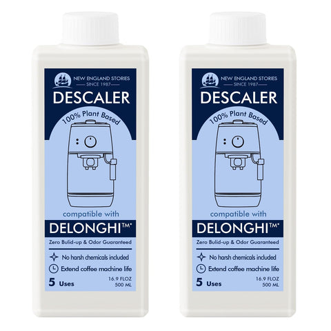 New England Stories Delonghi descaler packaging promotes safe, all-natural cleaning