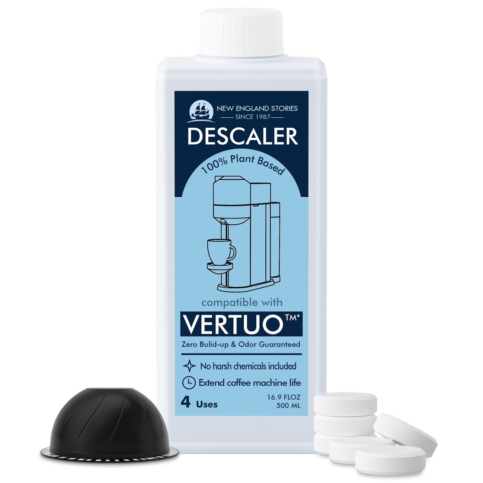 New England Stories descaling kit bottle for Vertuo removes mineral buildup for smoother pours