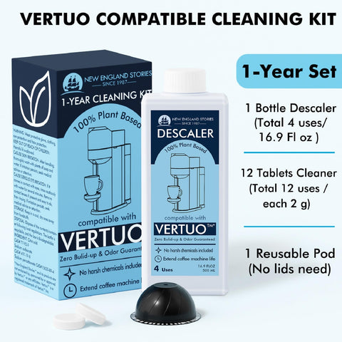 New England Stories descaling kit tablets for Vertuo clean coffee oils and residues