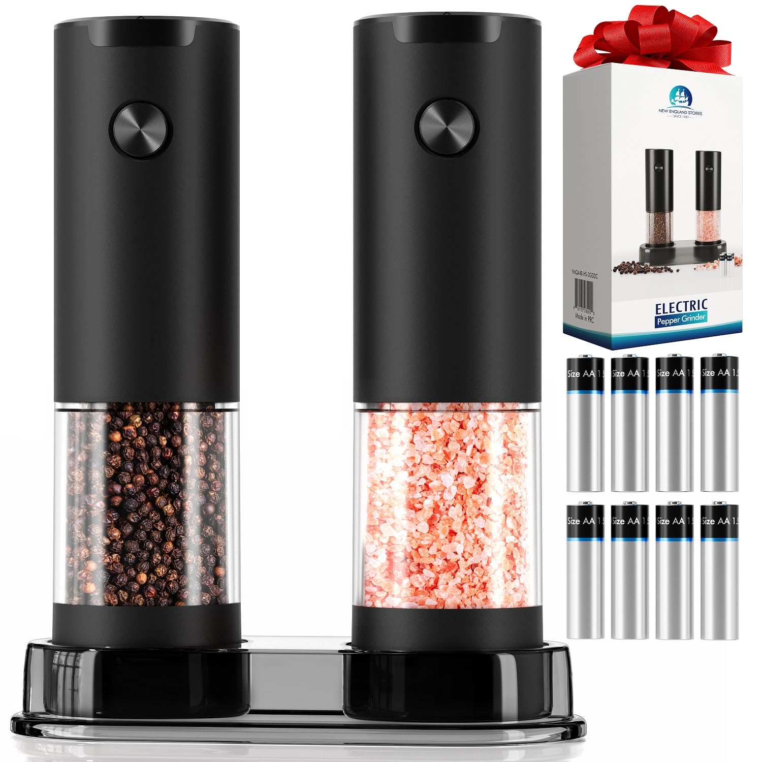 New England Stories electric salt and pepper grinder set front view for easy handling