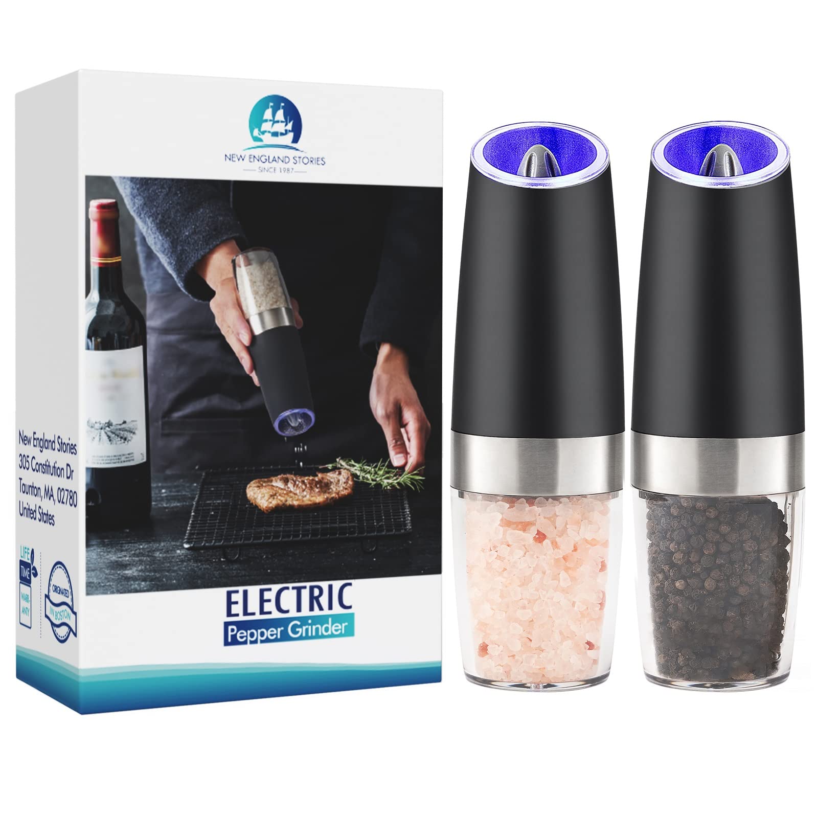 New England Stories Gravity electric grinder with blue LED light for quick hands-free seasoning.