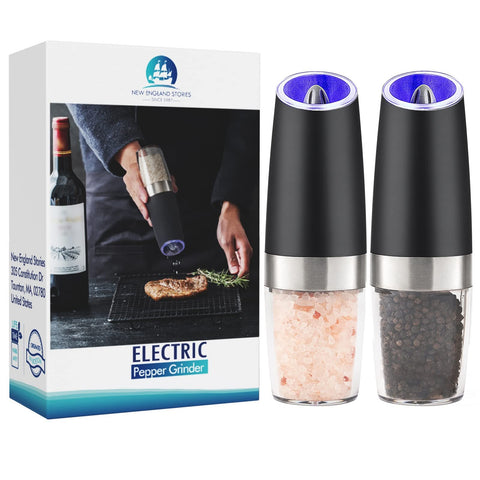 New England Stories Gravity electric grinder with blue LED light for quick hands-free seasoning.
