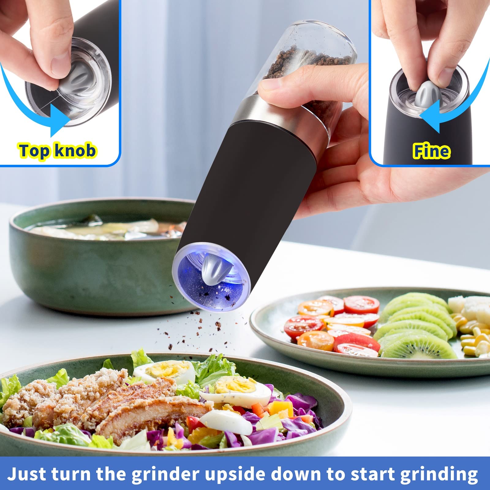 New England Stories flip-to-grind design lets you grind salt or pepper without buttons.