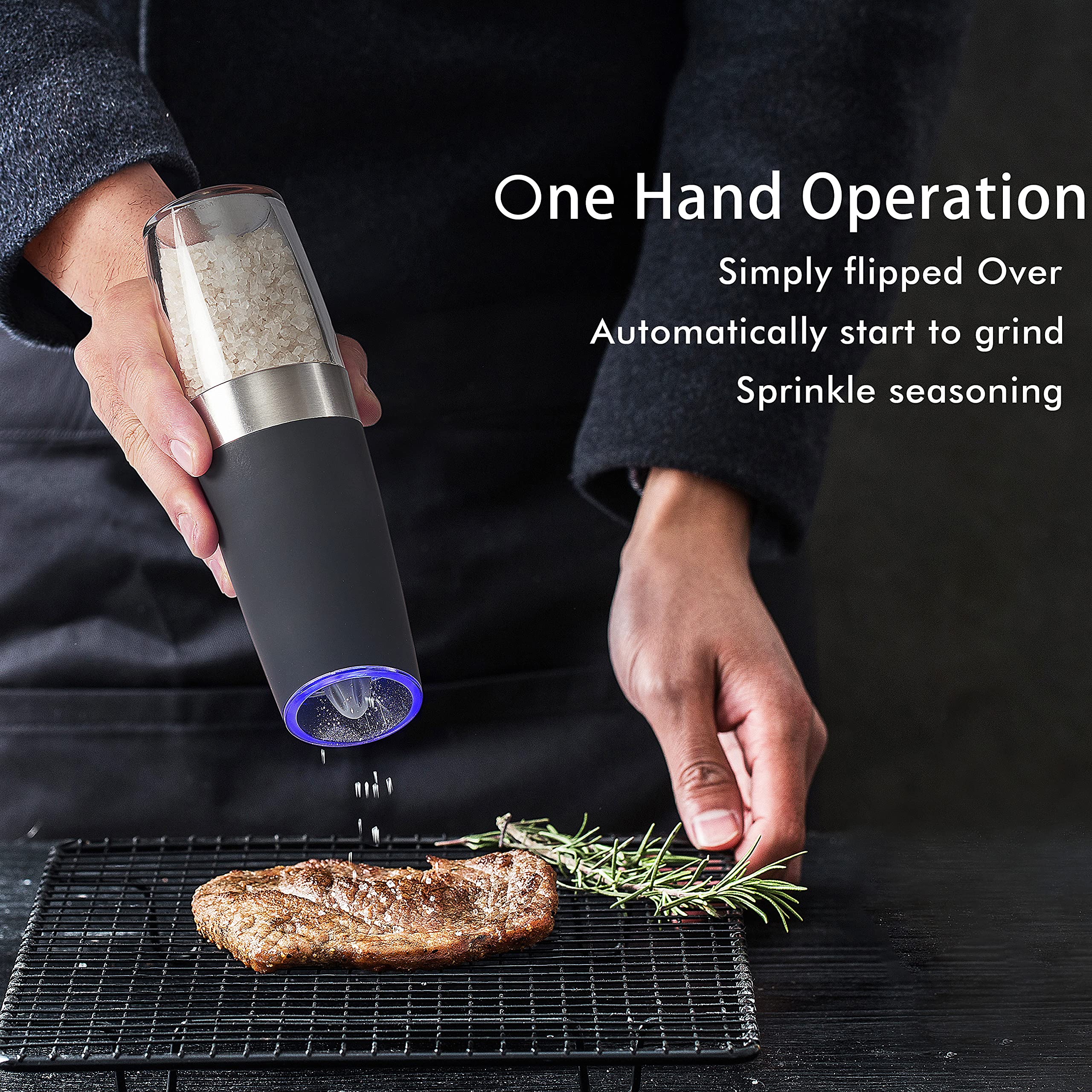 New England Stories gravity electric grinder demonstrates one-hand operation for effortless everyday cooking.