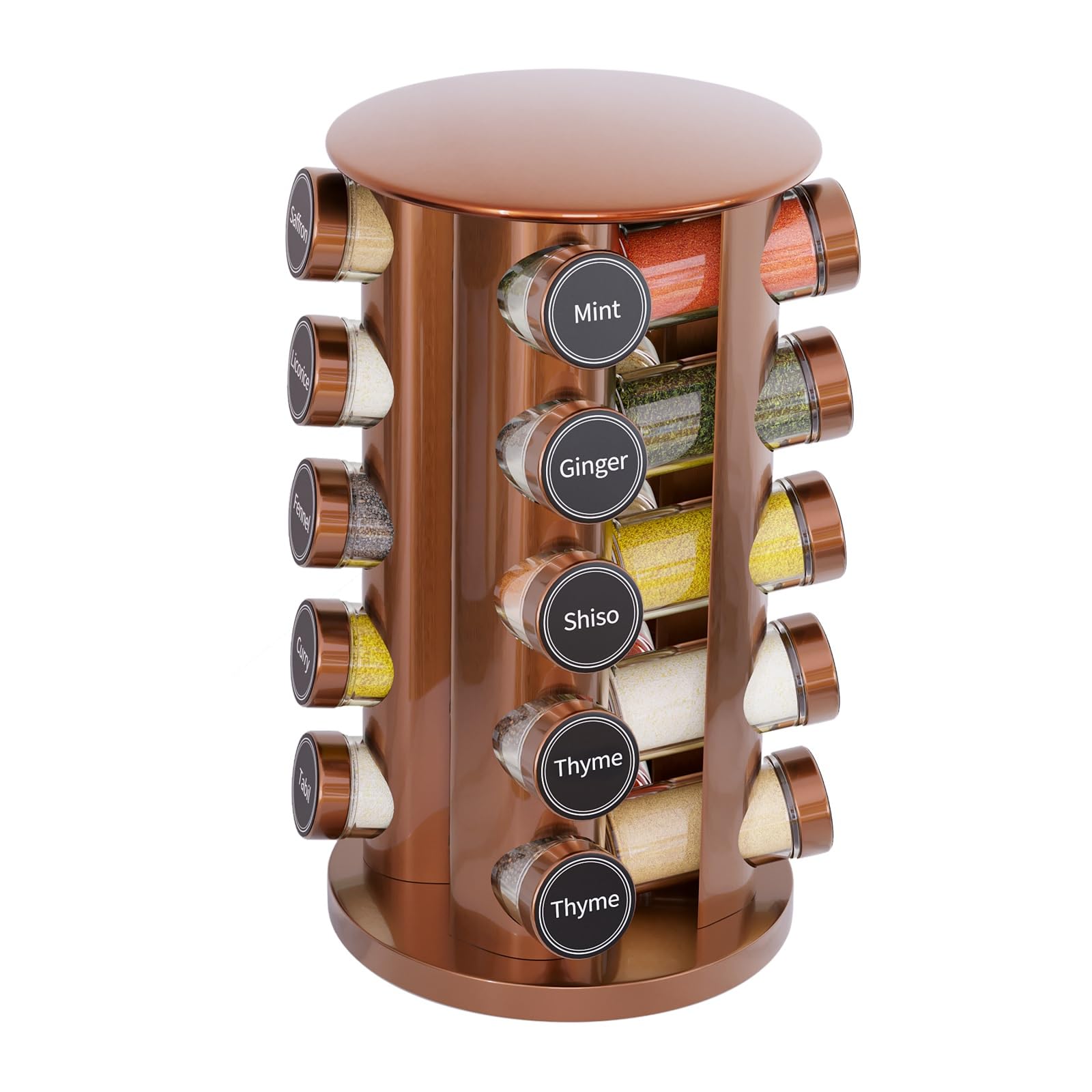New England Stories revolving spice rack in gold, neatly assembled for compact counter space.