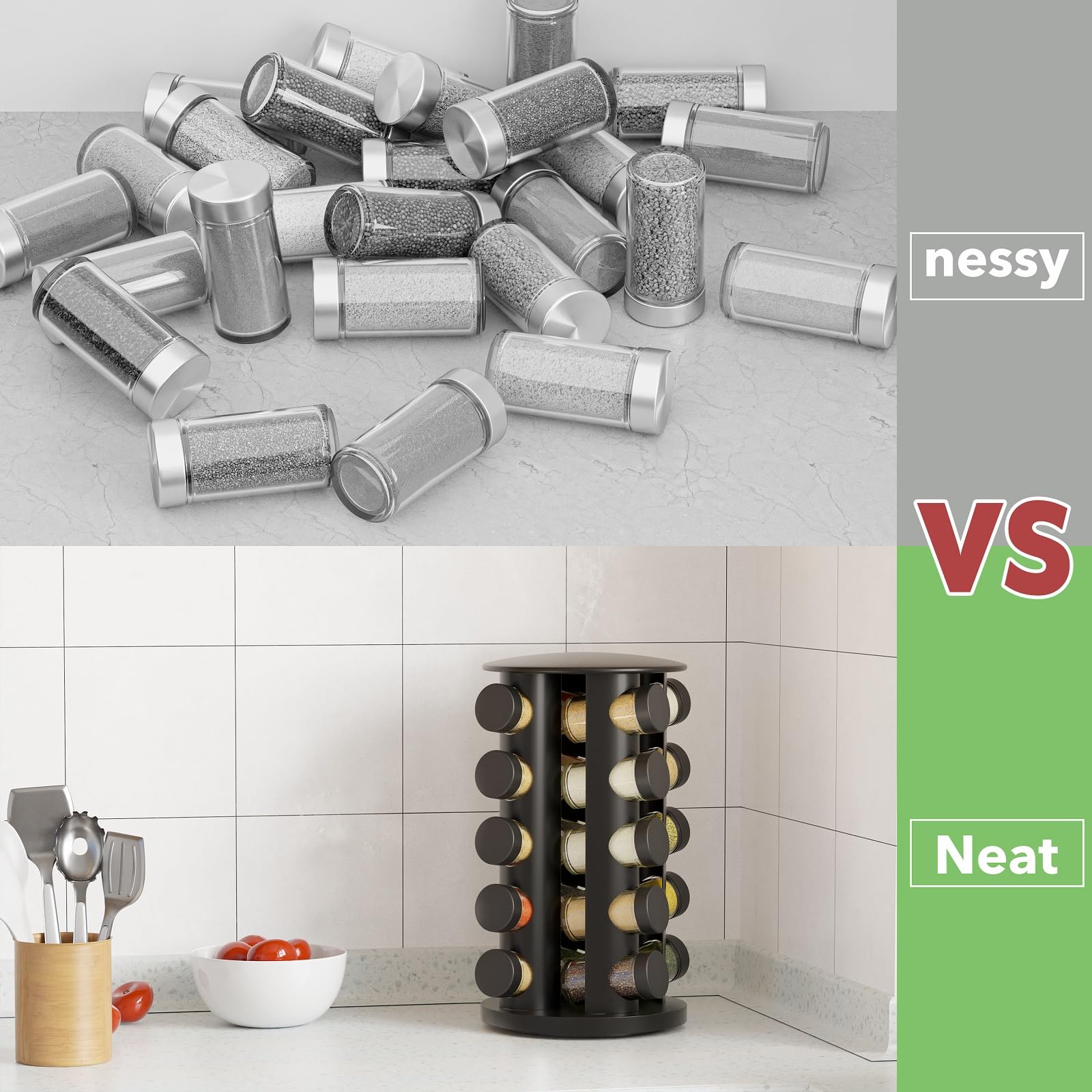 New England Stories spice rack holds 20 jars in a compact tower