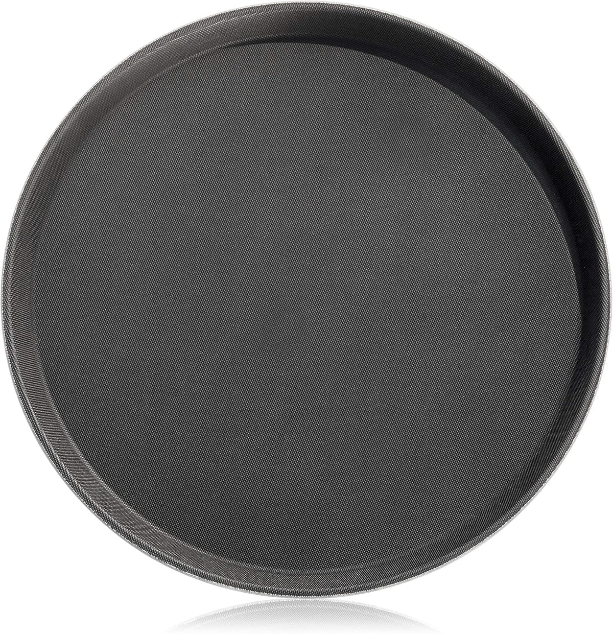 New Star Foodservice 24913 round tray with black finish and non-slip surface for secure serving.