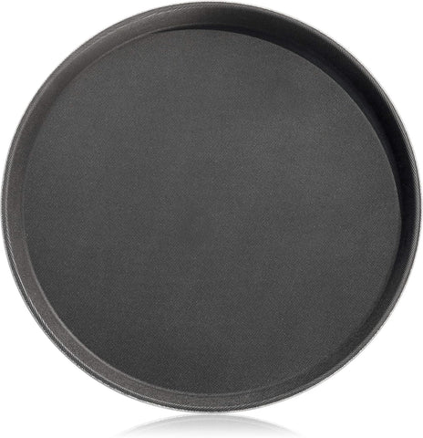 New Star Foodservice 24913 round tray with black finish and non-slip surface for secure serving.