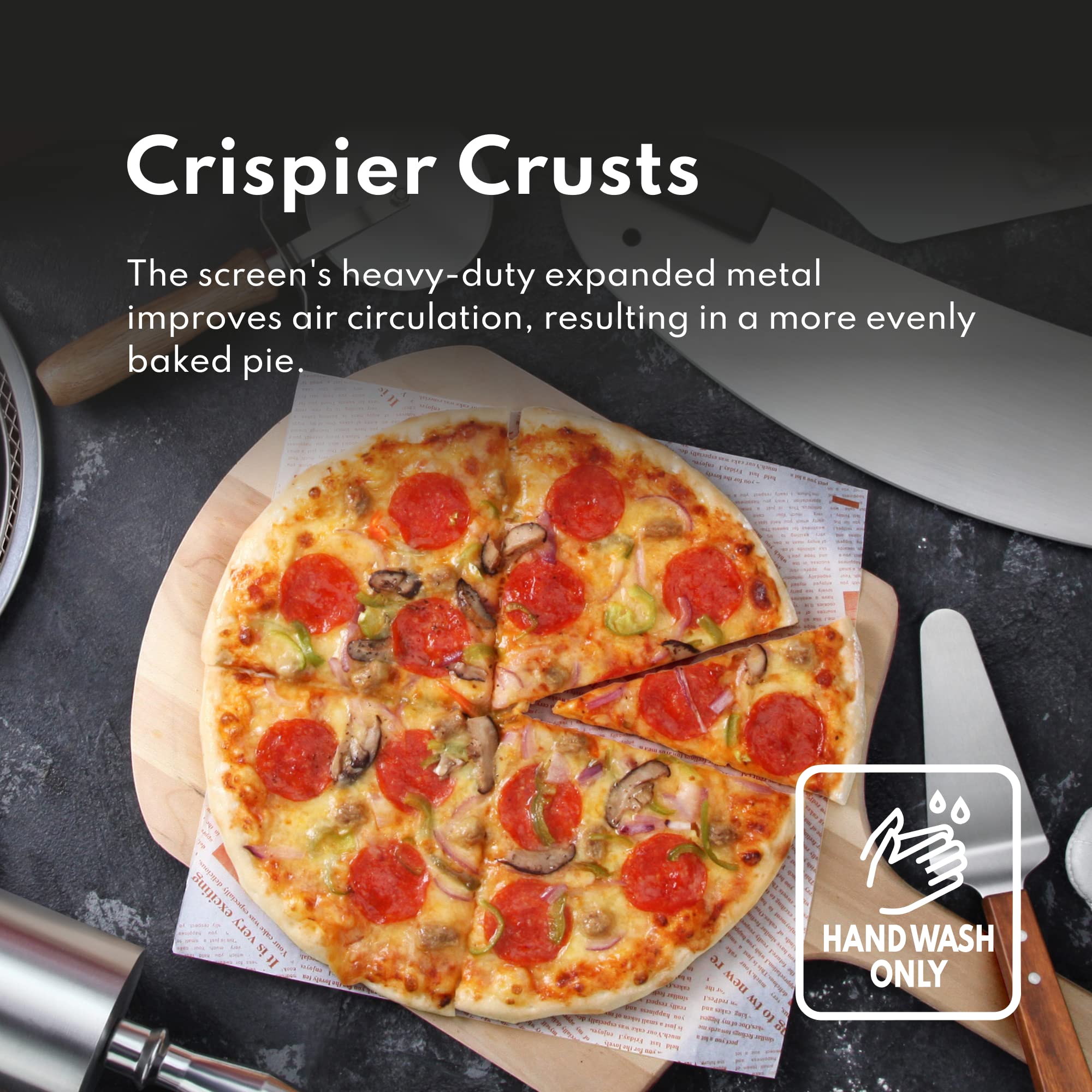 New Star 50691 16-inch pizza screen helps maintain clean edges for consistent work.