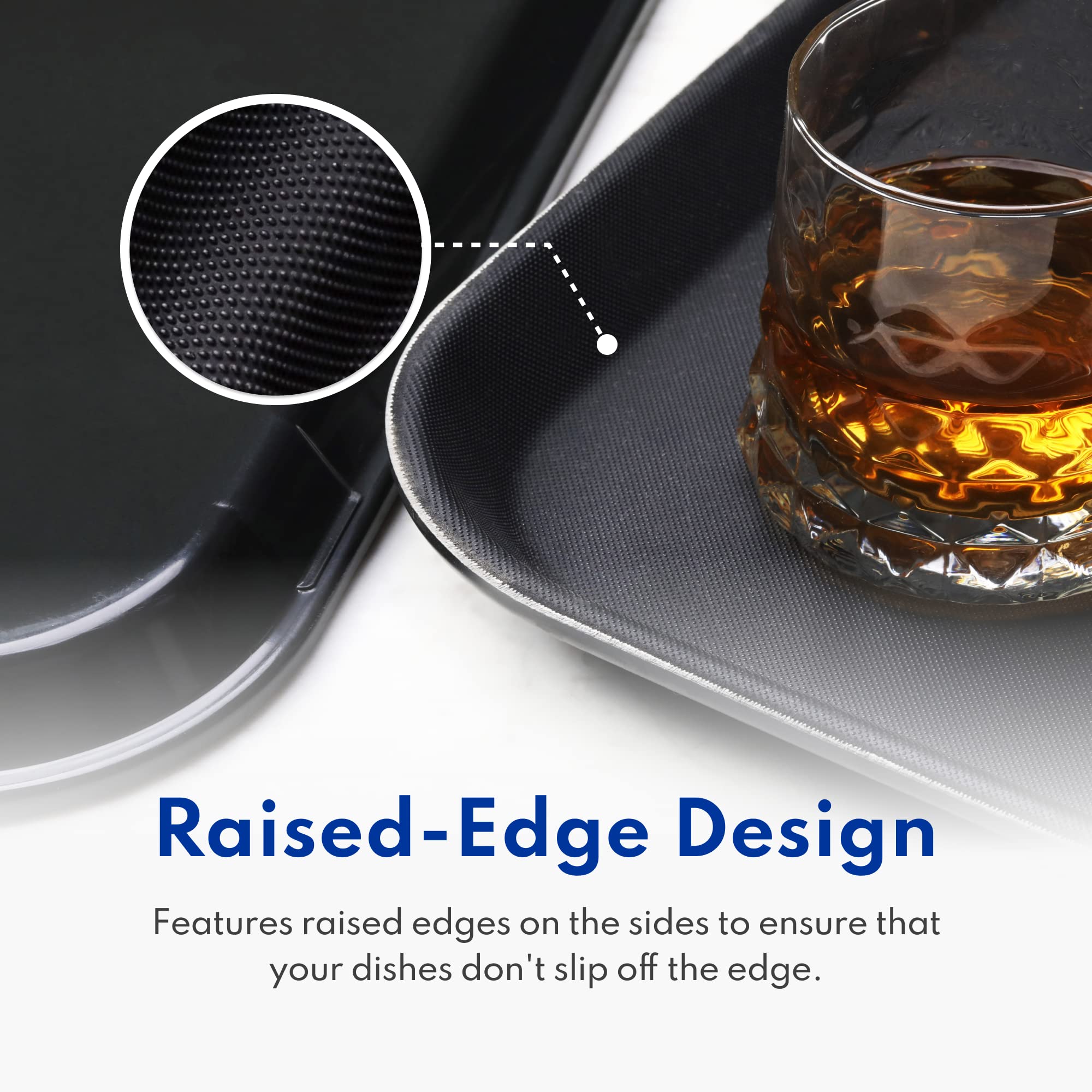 New Star Foodservice 24852 black rectangle tray blends with any setting.