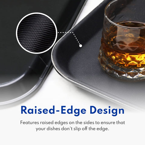 New Star Foodservice 24852 black rectangle tray blends with any setting.