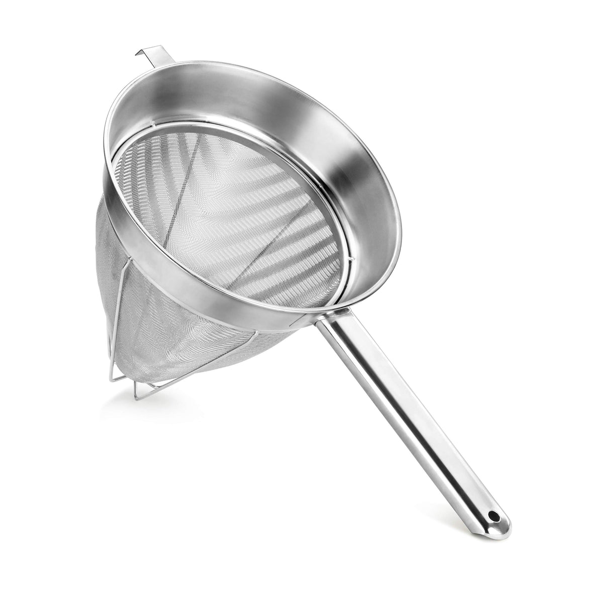 New Star Foodservice 38057 bouillon strainer with 10-inch stainless mesh for smooth stocks.