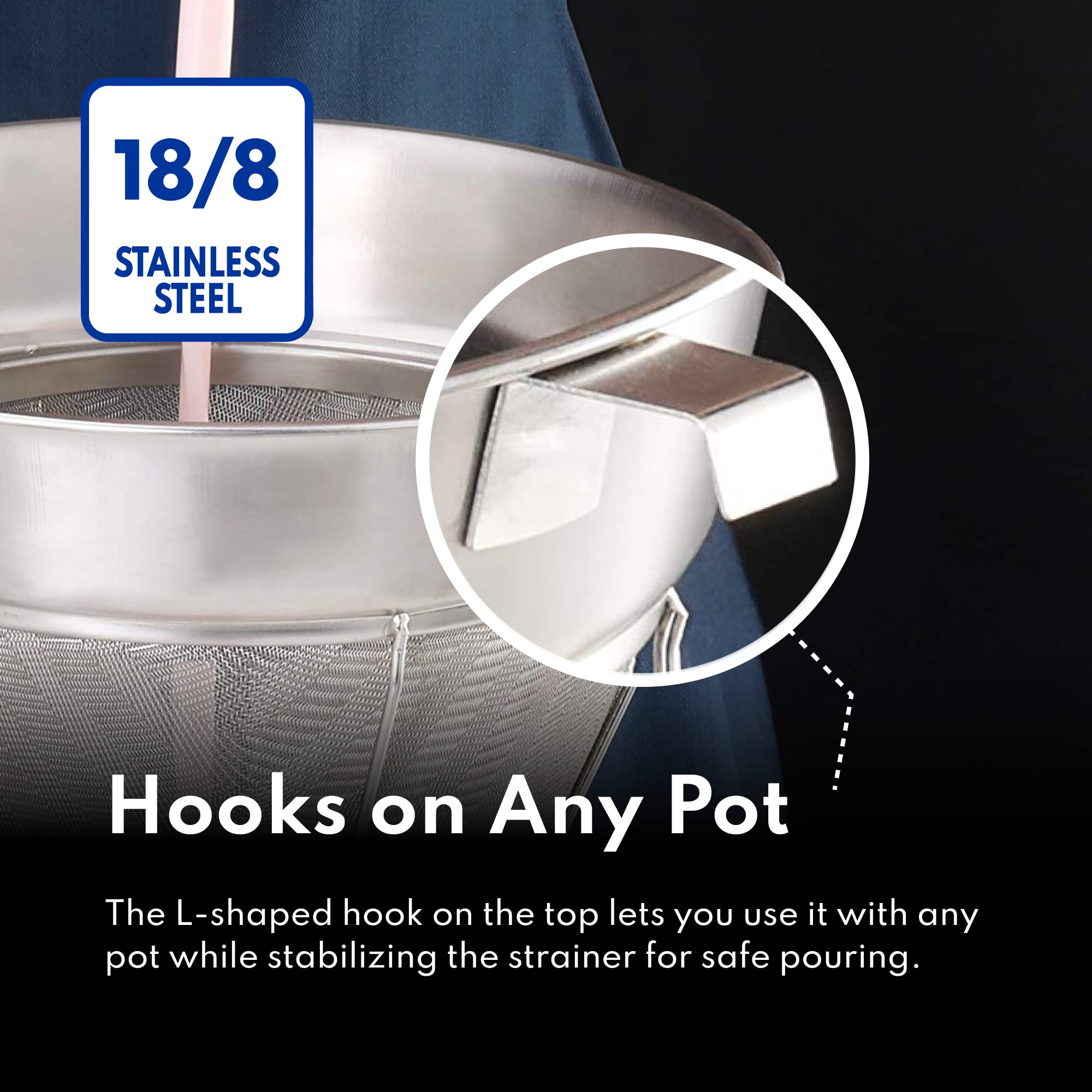 New Star Foodservice bouillon strainer allows liquids to pass while retaining solids.