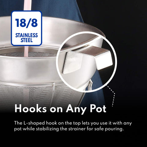 New Star Foodservice bouillon strainer allows liquids to pass while retaining solids.