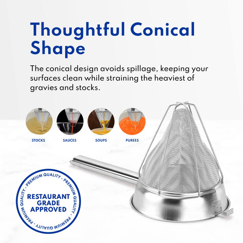 New Star Foodservice strainer rests securely on bowls with reinforced design.