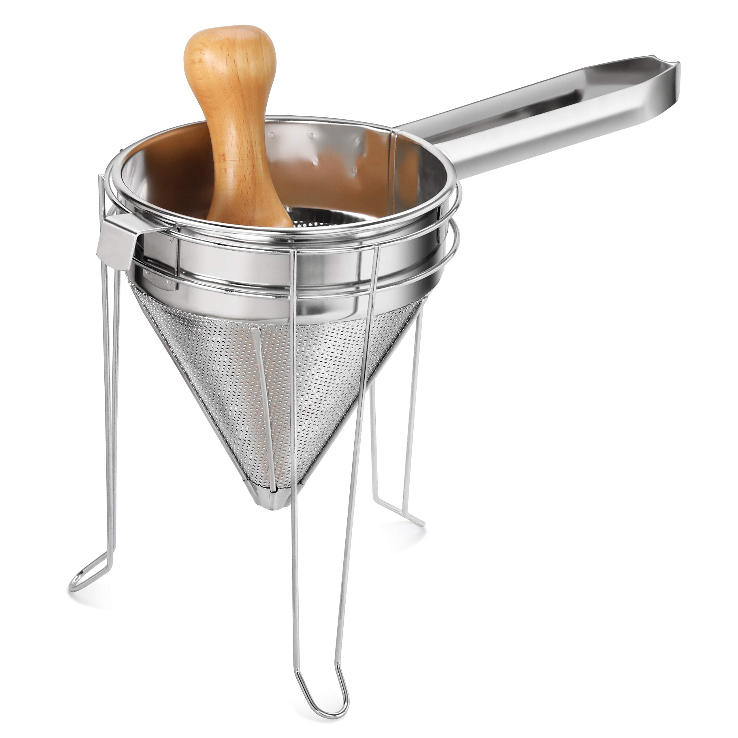 New Star Foodservice 42566 chrome stand holds the strainer steady.