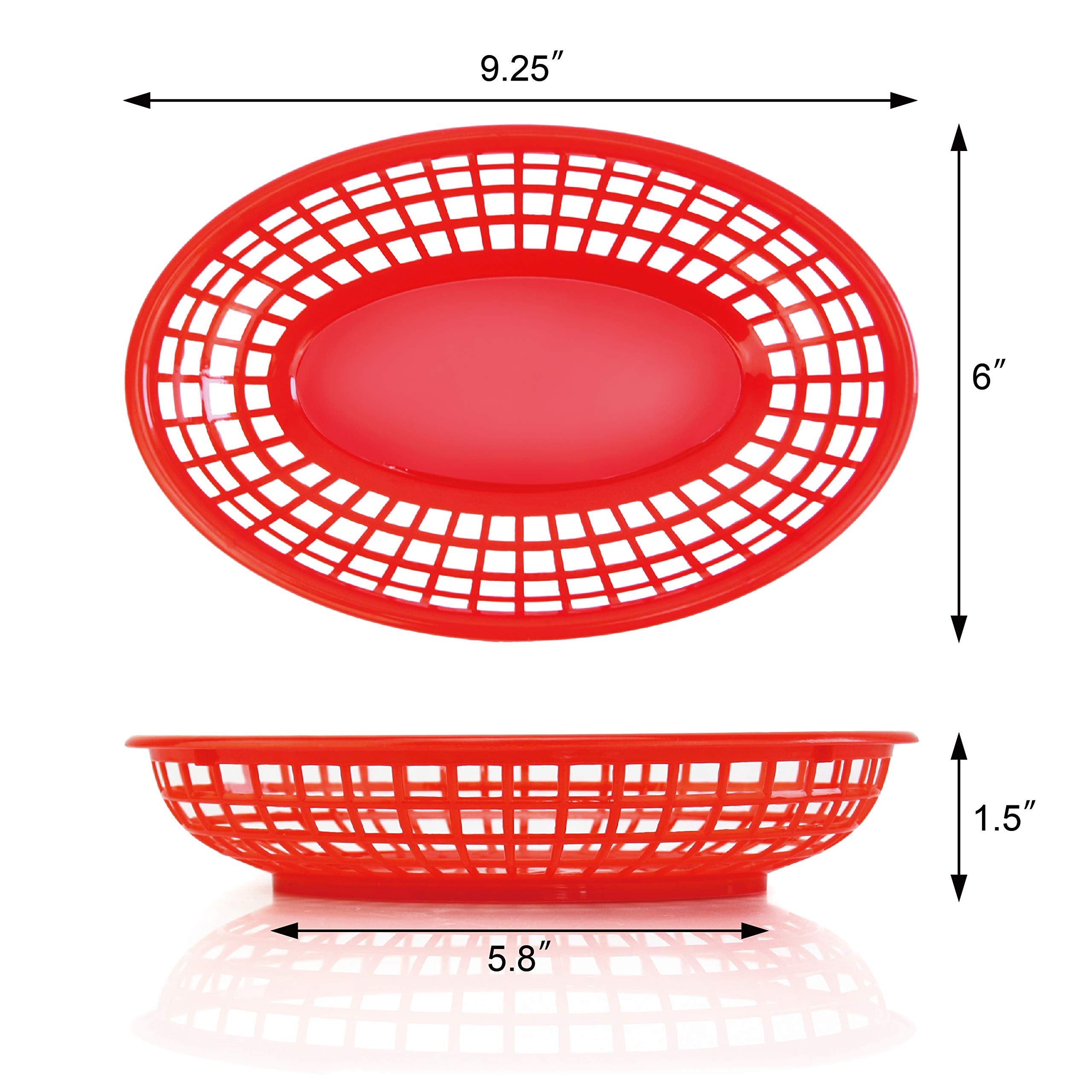 New Star Foodservice 44164 red oval basket on dining table with liners