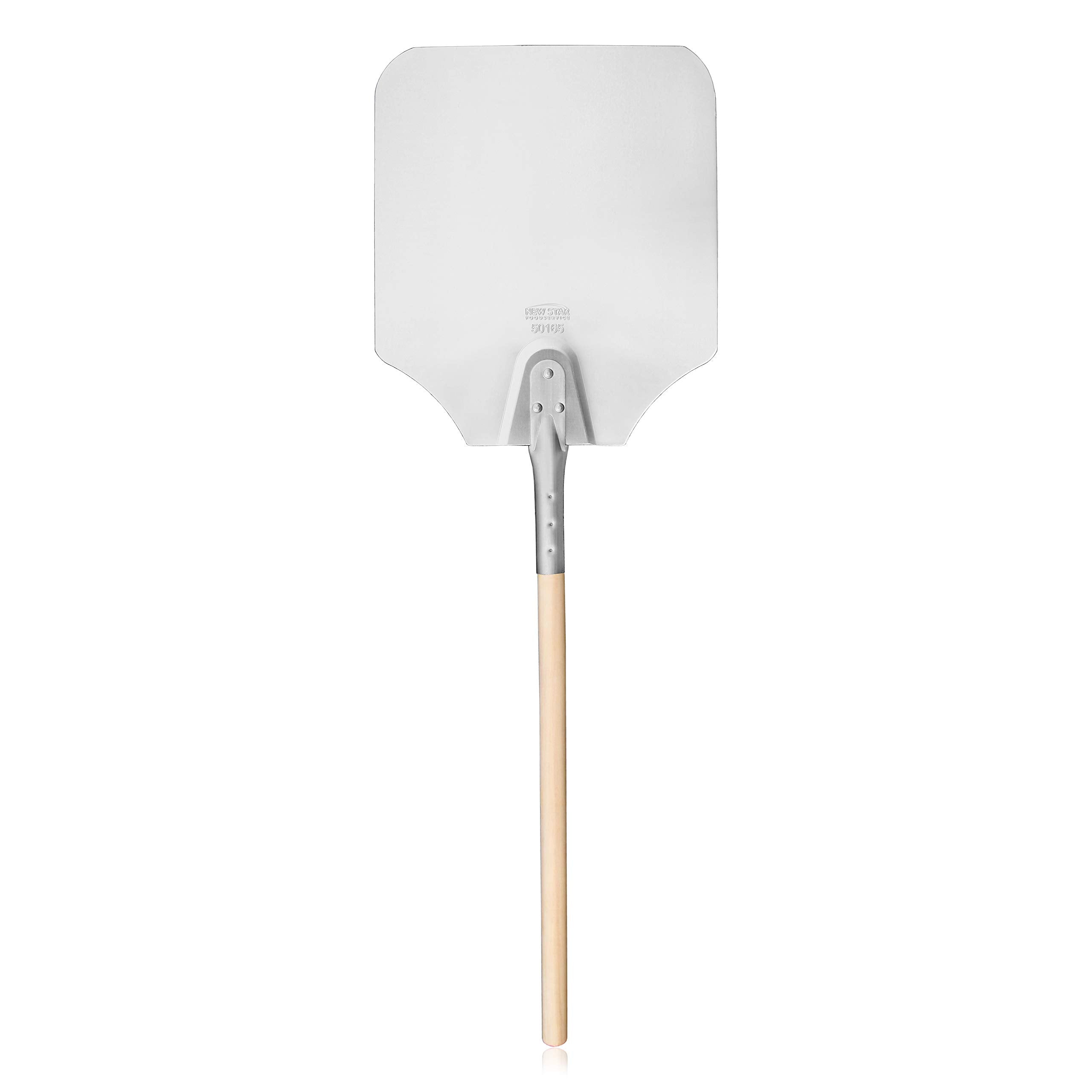 New Star Foodservice 50165 aluminum pizza peel with wooden handle, overview of durable daily-use performance.