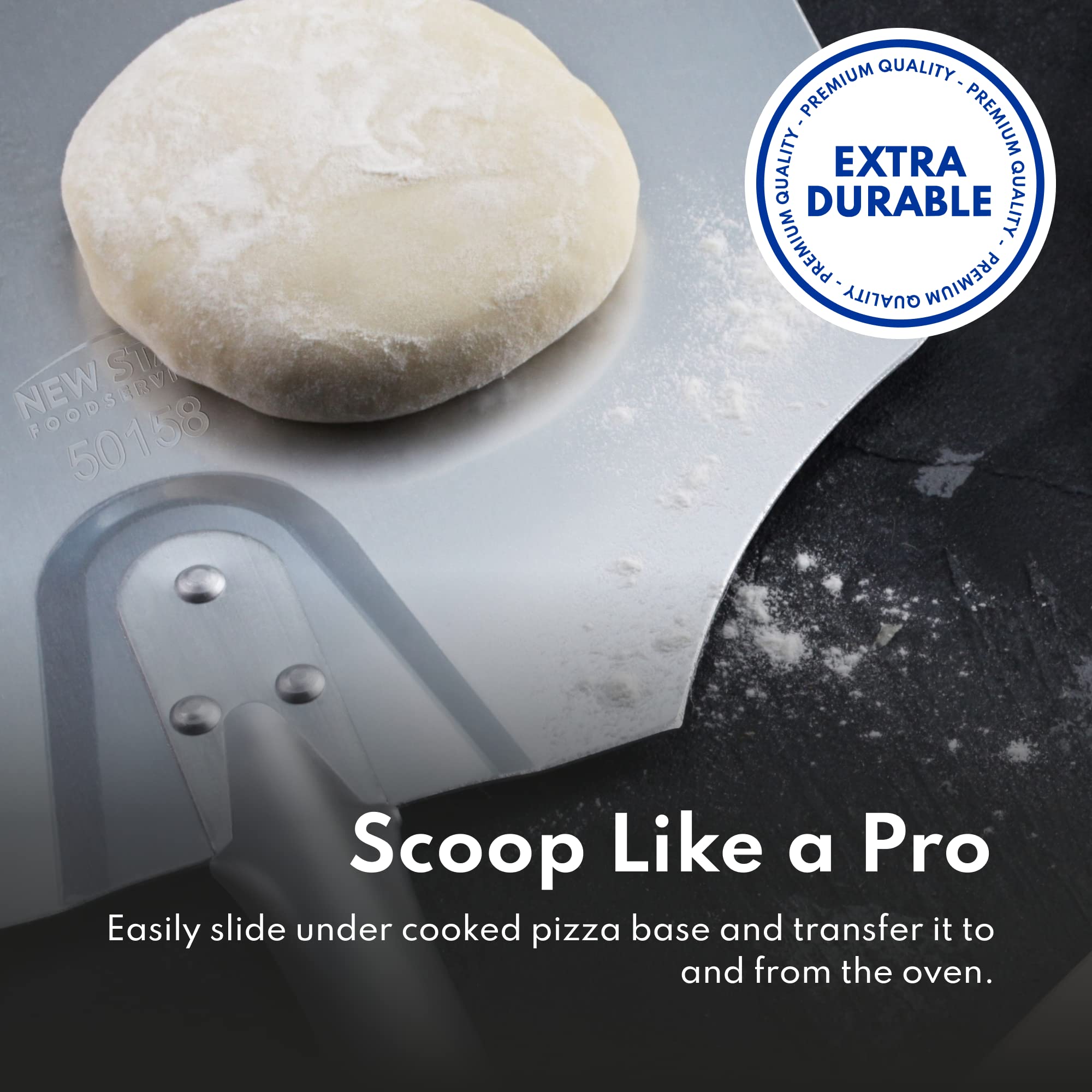 New Star Foodservice 50165 aluminum pizza peel for oven-ready lifts without burning fingers.