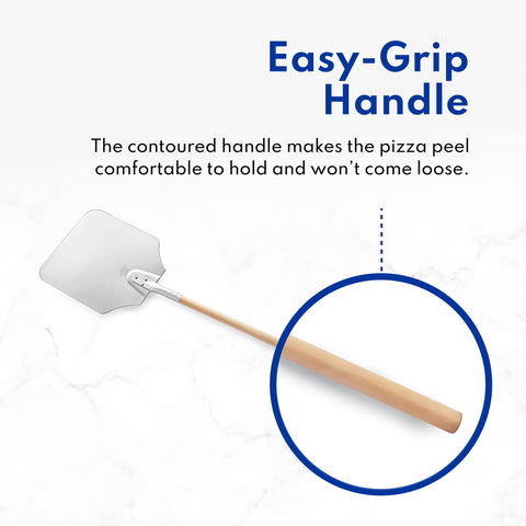 New Star Foodservice 50165 aluminum pizza peel with wooden handle offering a comfortable grip.