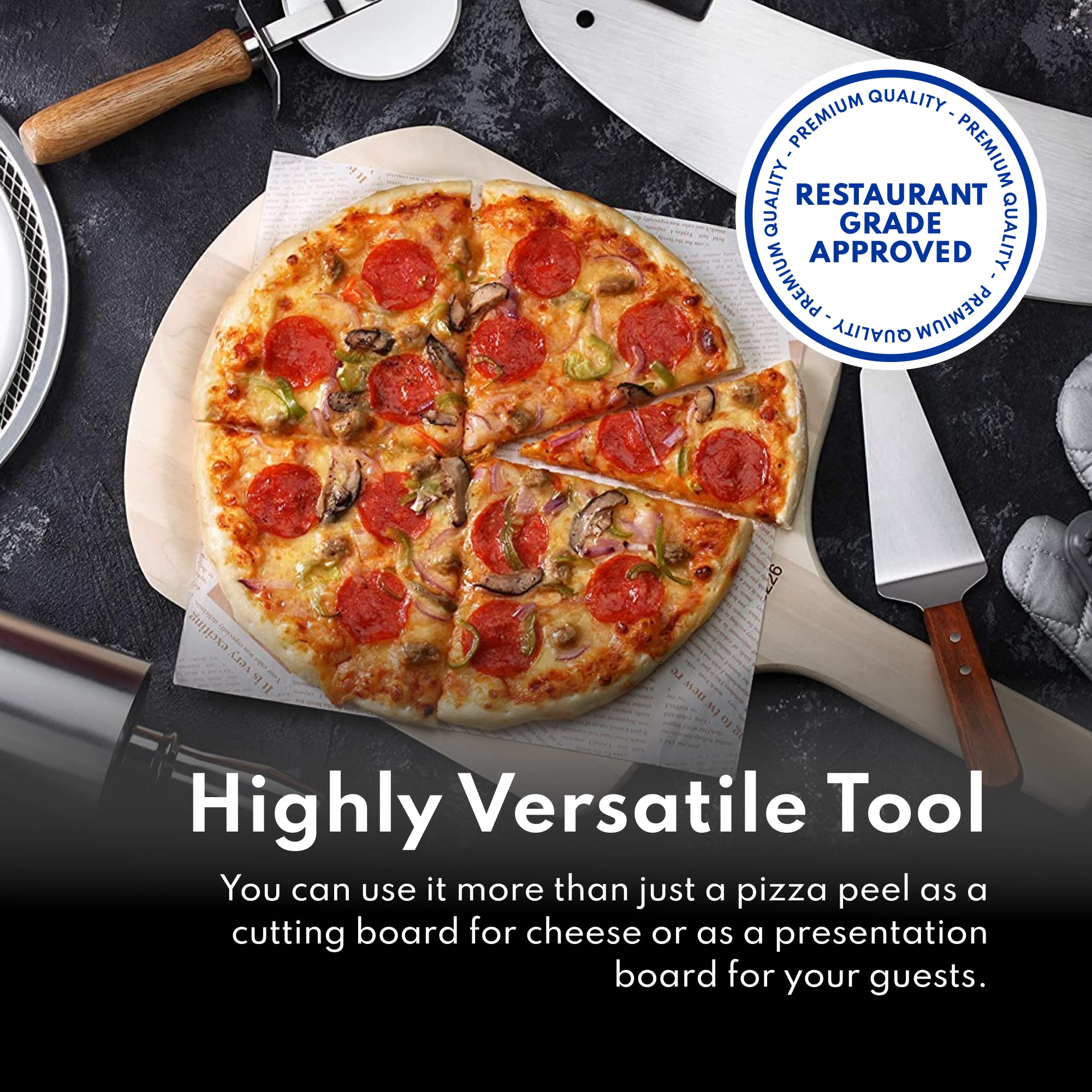 New Star Foodservice pizza peel in action transferring pizza to board