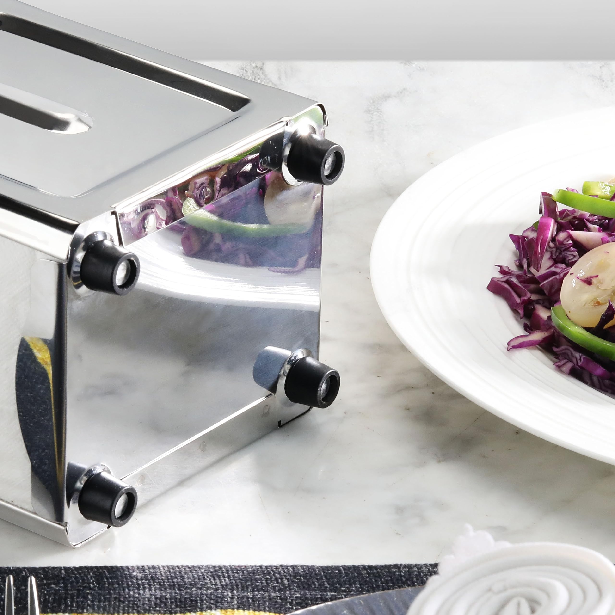 New Star Foodservice spring loaded mechanism enables smooth napkin release.