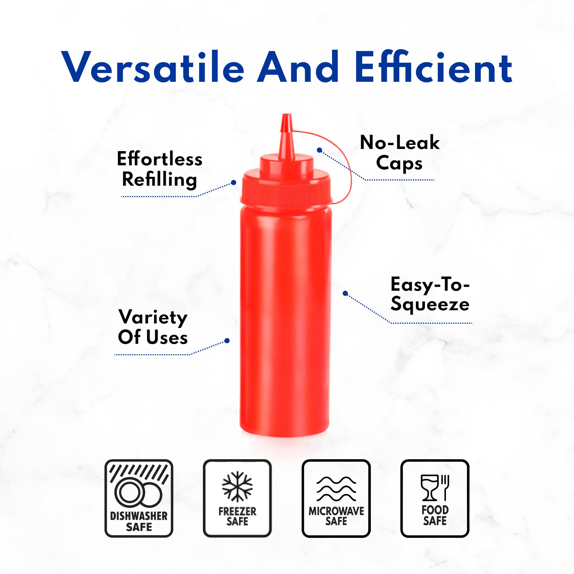 New Star Foodservice squeeze bottles with cap and wide mouth help minimize spills