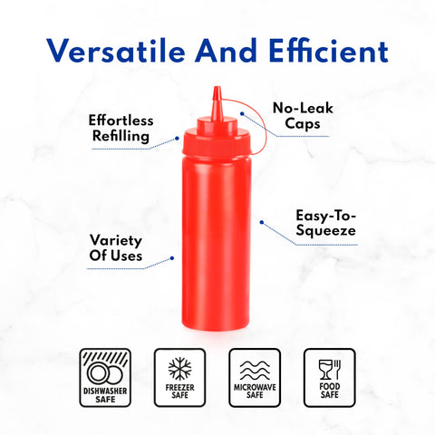 New Star Foodservice squeeze bottles with cap and wide mouth help minimize spills