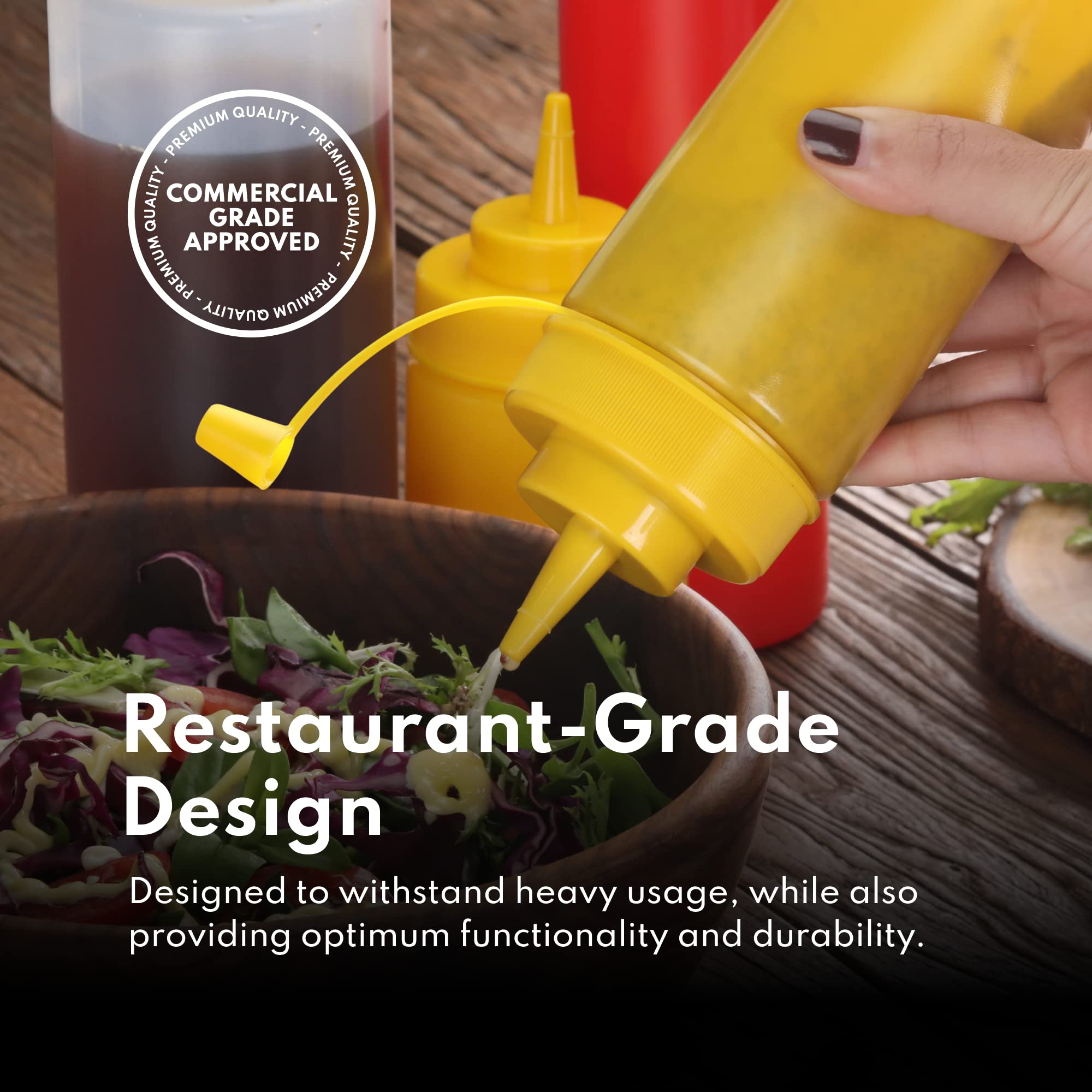 New Star Foodservice clear bottles help monitor remaining amounts during busy service