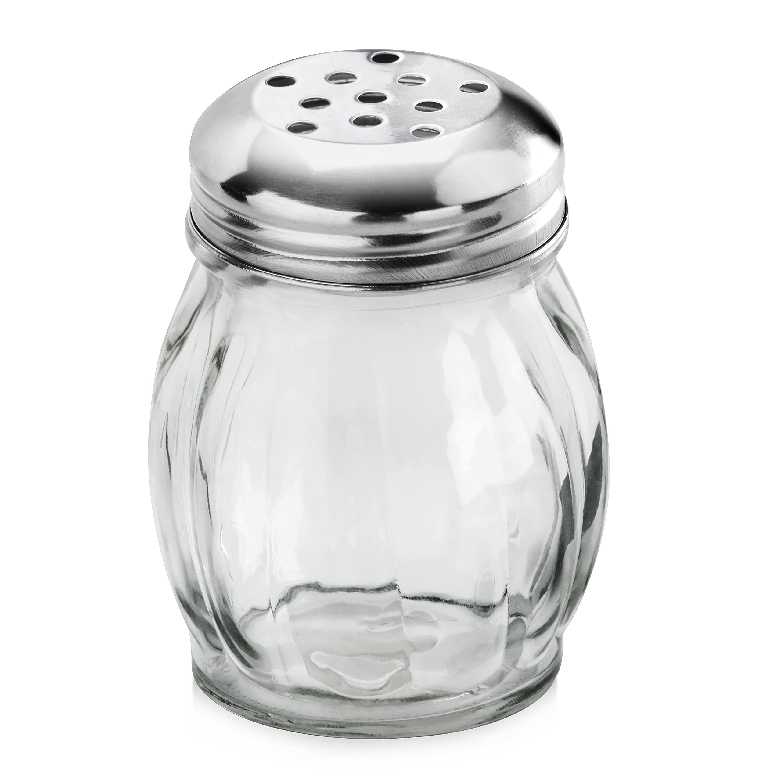 New Star Glass Swirl Cheese Shaker shows clear glass for precise at table dispensing