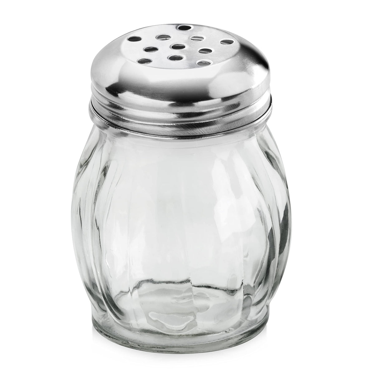 New Star Glass Swirl Cheese Shaker shows clear glass for precise at table dispensing