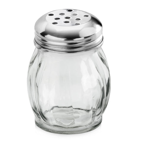 New Star Glass Swirl Cheese Shaker shows clear glass for precise at table dispensing