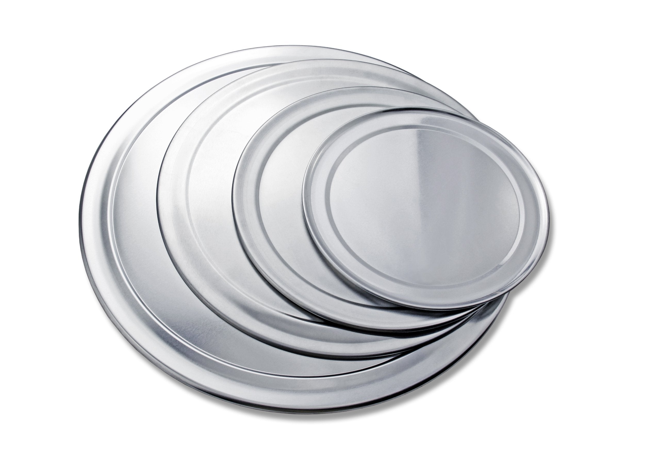 New Star aluminum pizza trays stacked for efficient kitchen storage.