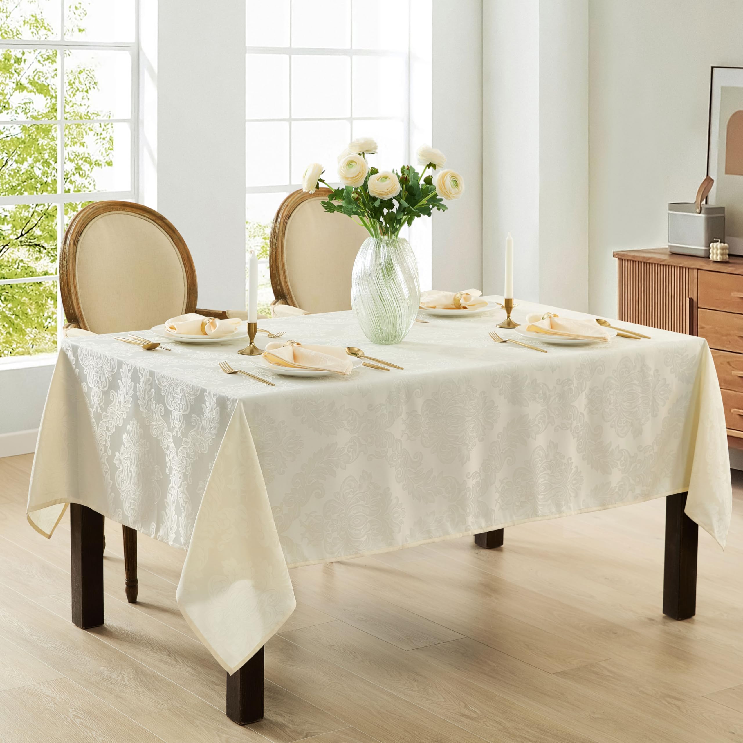 Tables set for 10–12 with Newbridge Barcelona Damask tablecloth