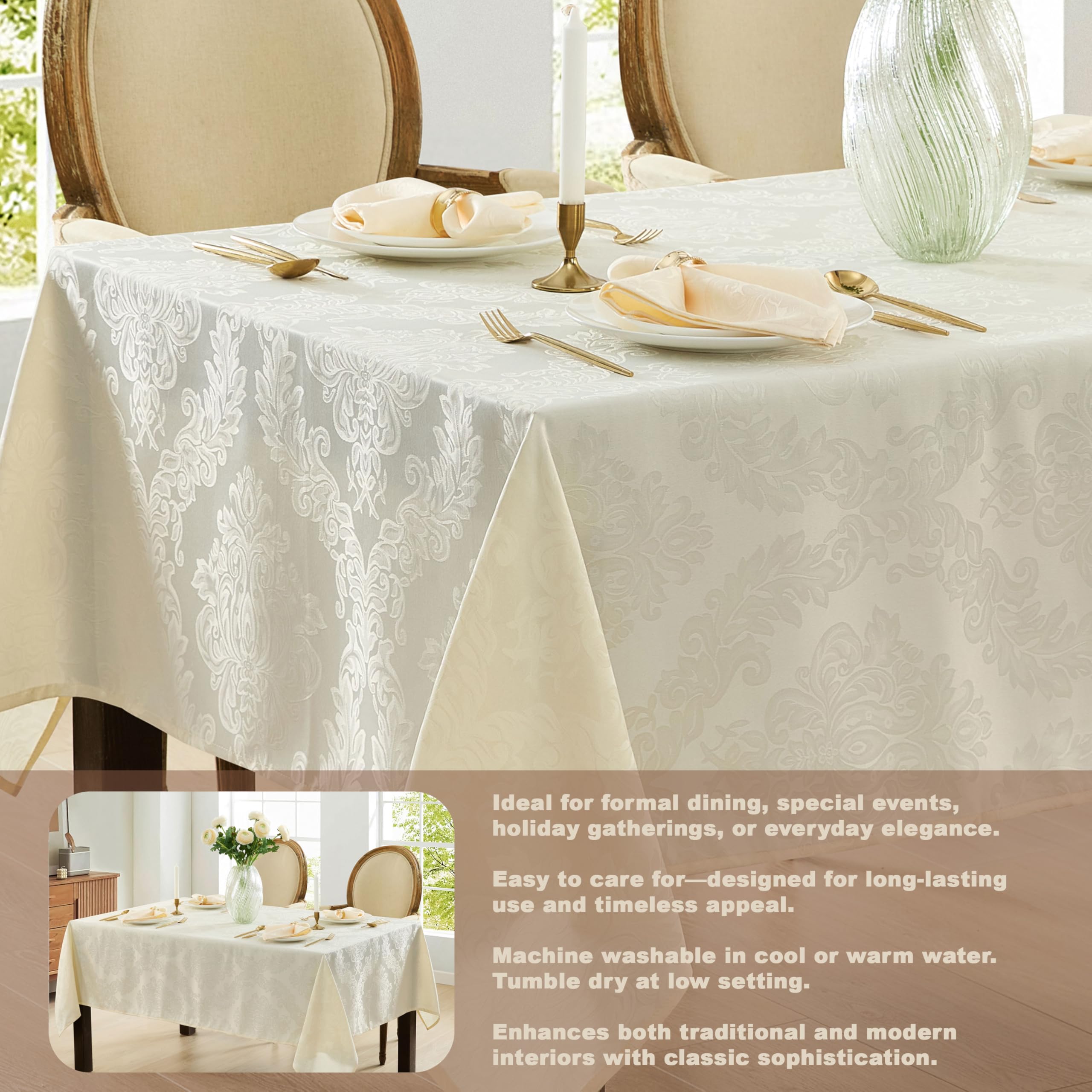 Antique white color of Newbridge Barcelona Damask tablecloth in a formal setting