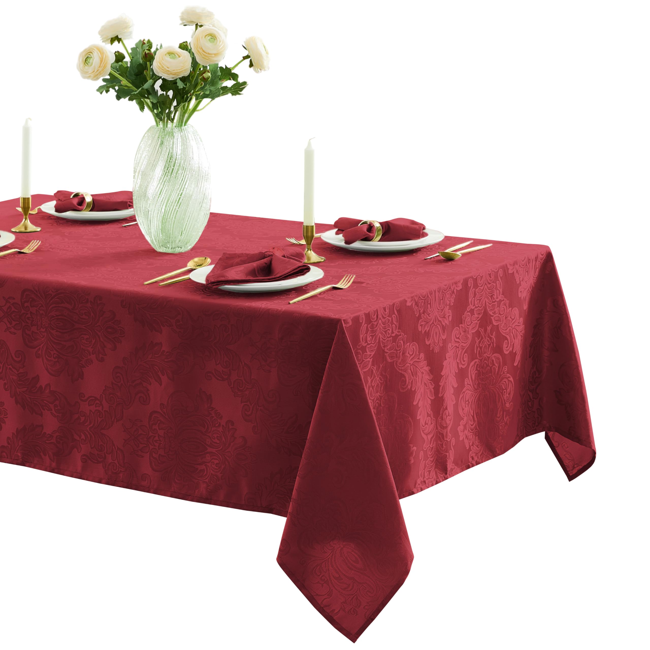Newbridge Barcelona damask tablecloth burgundy drapes elegantly for formal dining