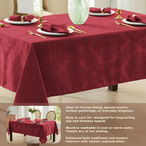 Edge detail of burgundy Newbridge Barcelona damask tablecloth