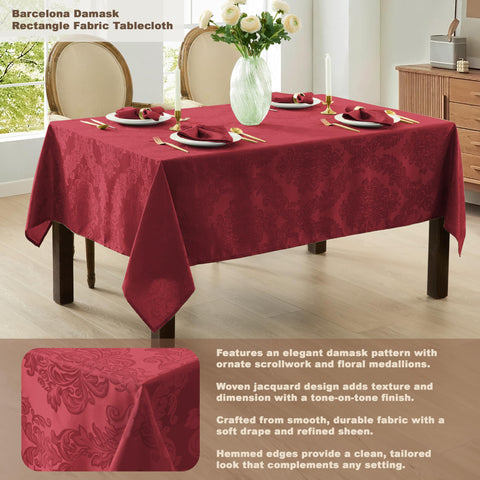 Full dining scene with eight to ten seats under Barcelona damask tablecloth burgundy