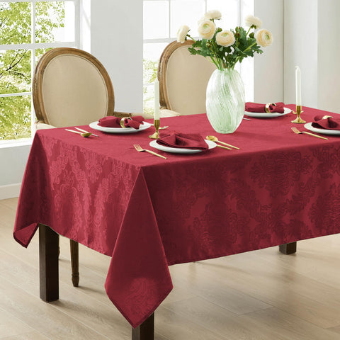 Machine washable burgundy tablecloth offers easy cleaning