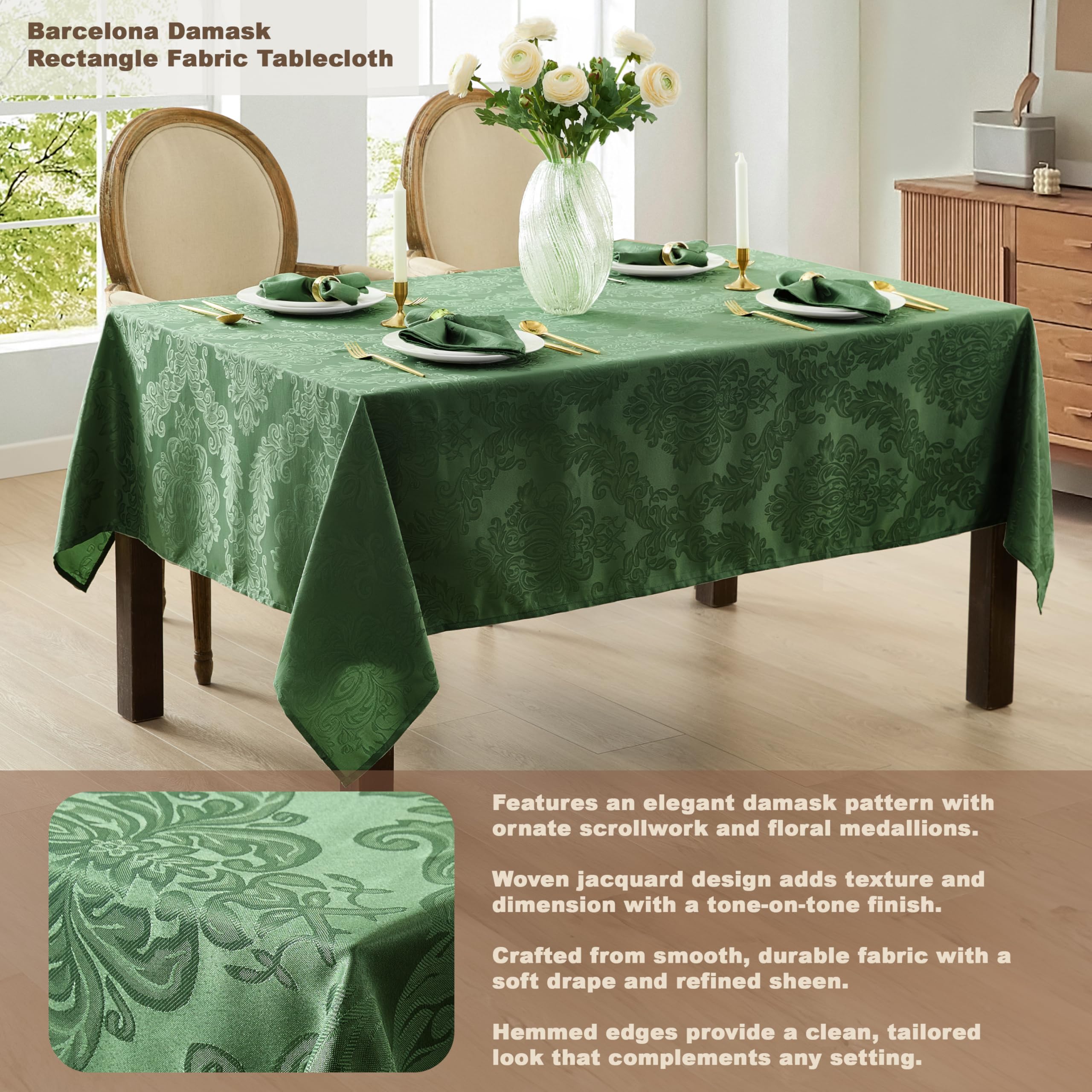 Newbridge Barcelona damask tablecloth on dining table ready for family meals.