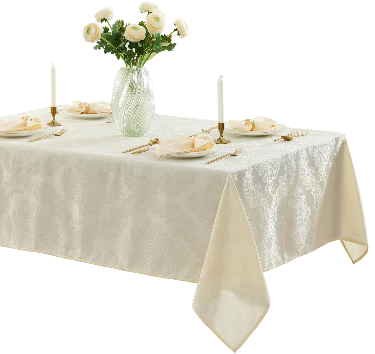 Newbridge Barcelona Damask tablecloth full view on a dining table for elegant entertaining