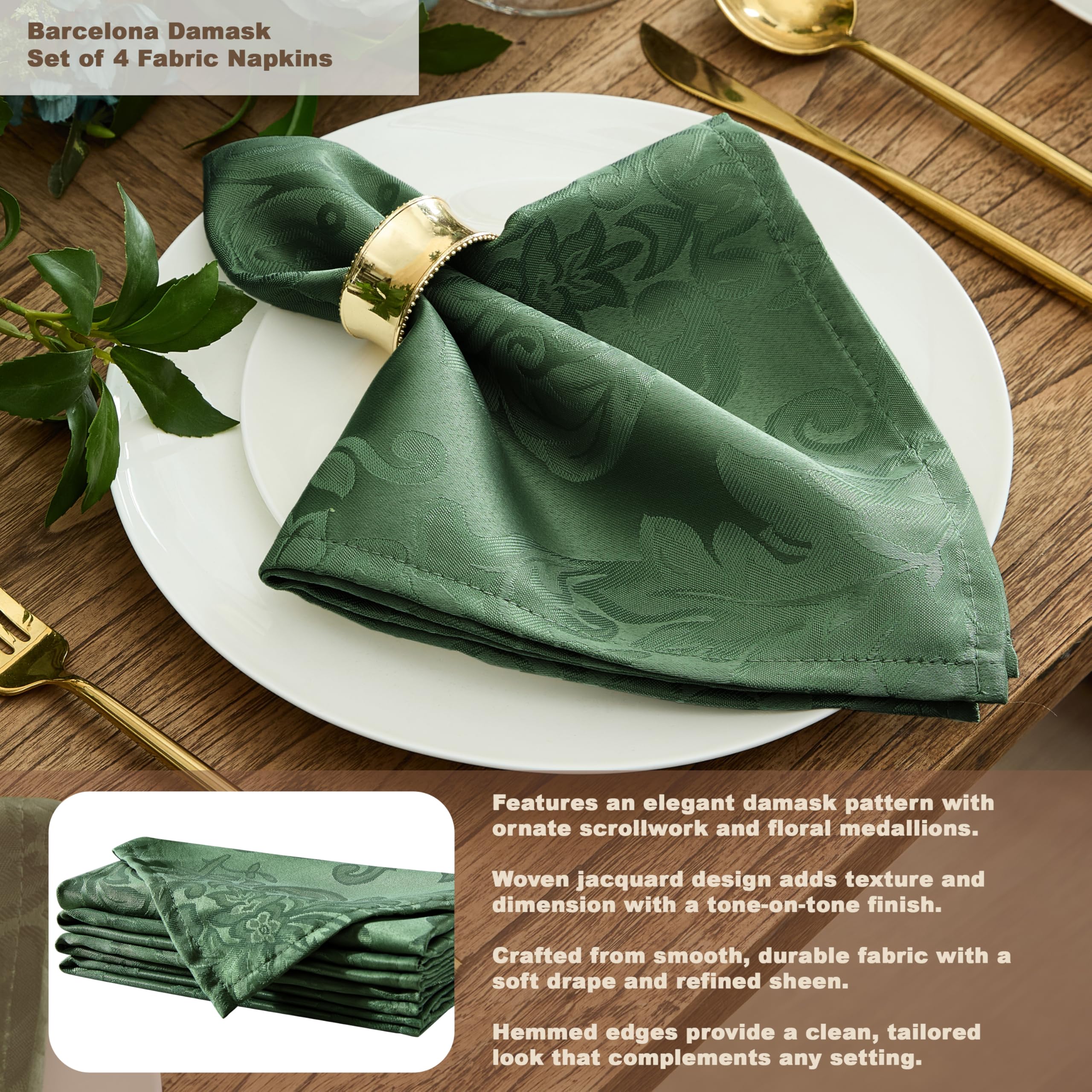 Newbridge Barcelona damask tablecloth hunter green color adds rich table setting.