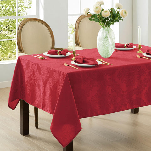 Newbridge Barcelona Damask red tablecloth enhances festive dinners and celebrations.