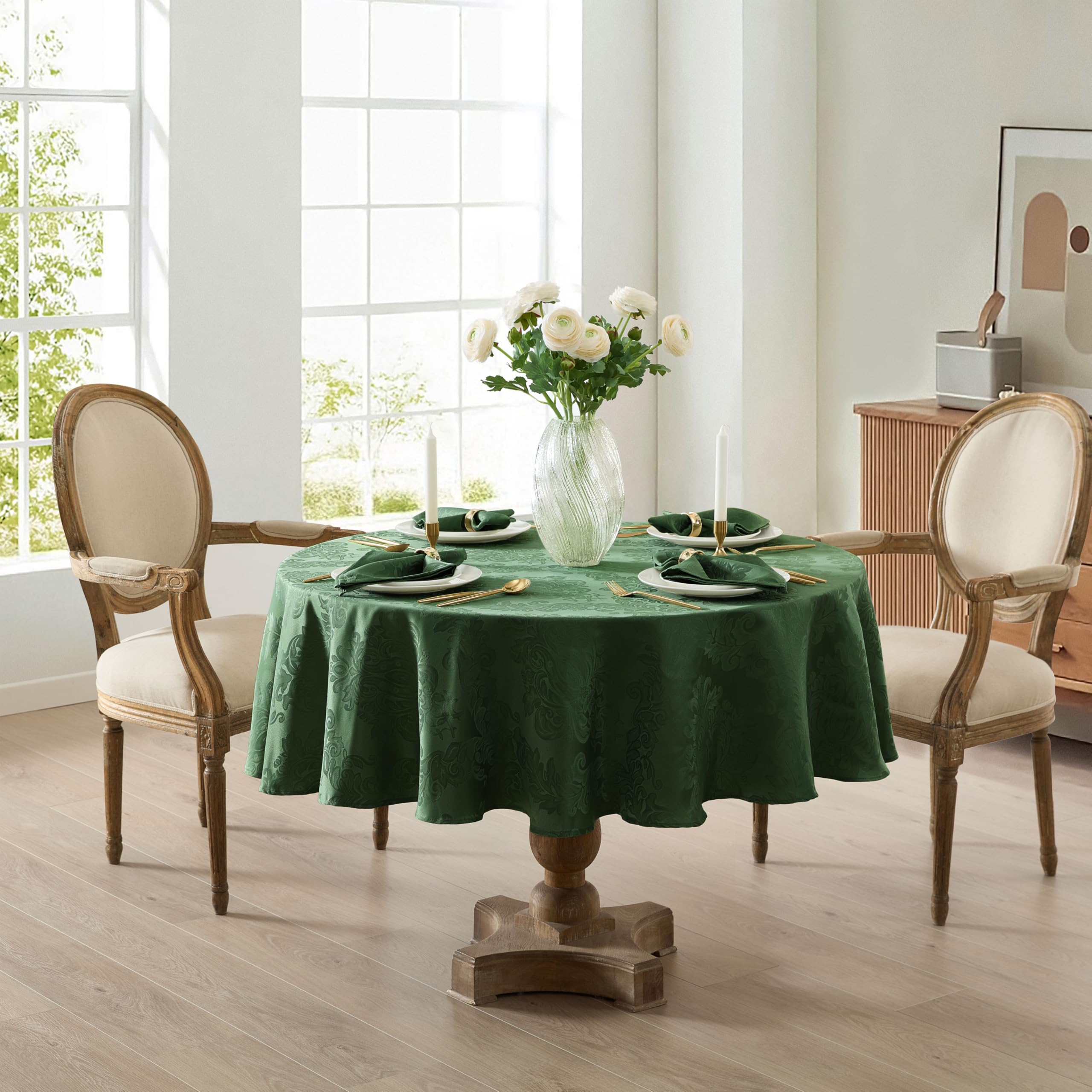 Edge-detail on Newbridge Barcelona damask tablecloth emphasizes refined finish for upscale dining